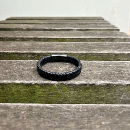 Men’s black braided leather bracelet with gunmetal clasp back view