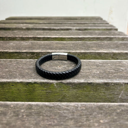 Men’s black braided leather bracelet with polished stainless steel clasp back view