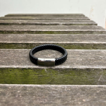 Men’s black braided leather bracelet with polished stainless steel clasp front view