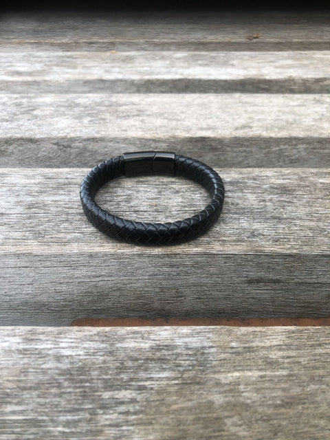 Men's black leather bracelet back view