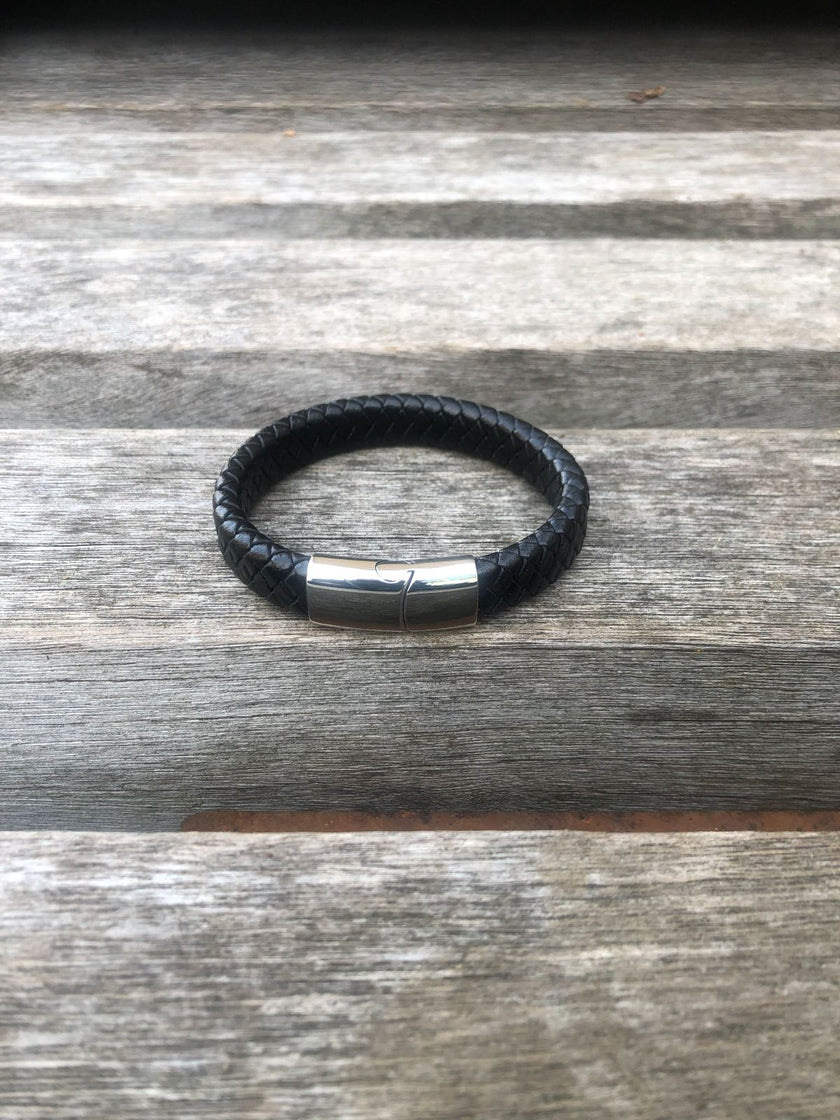 Men's black leather bracelet
