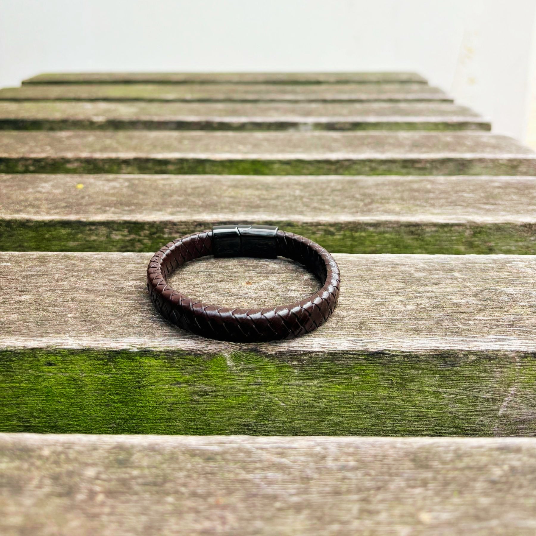 Men’s brown braided leather bracelet with gunmetal clasp back view