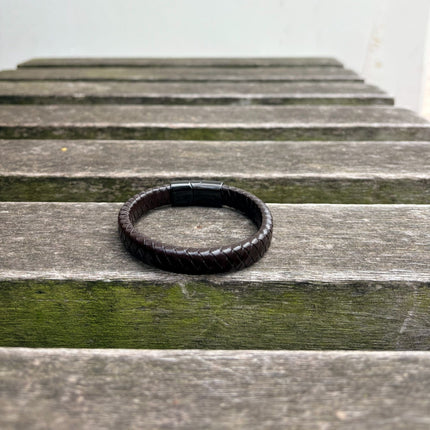 Men’s brown braided leather bracelet with gunmetal clasp back view