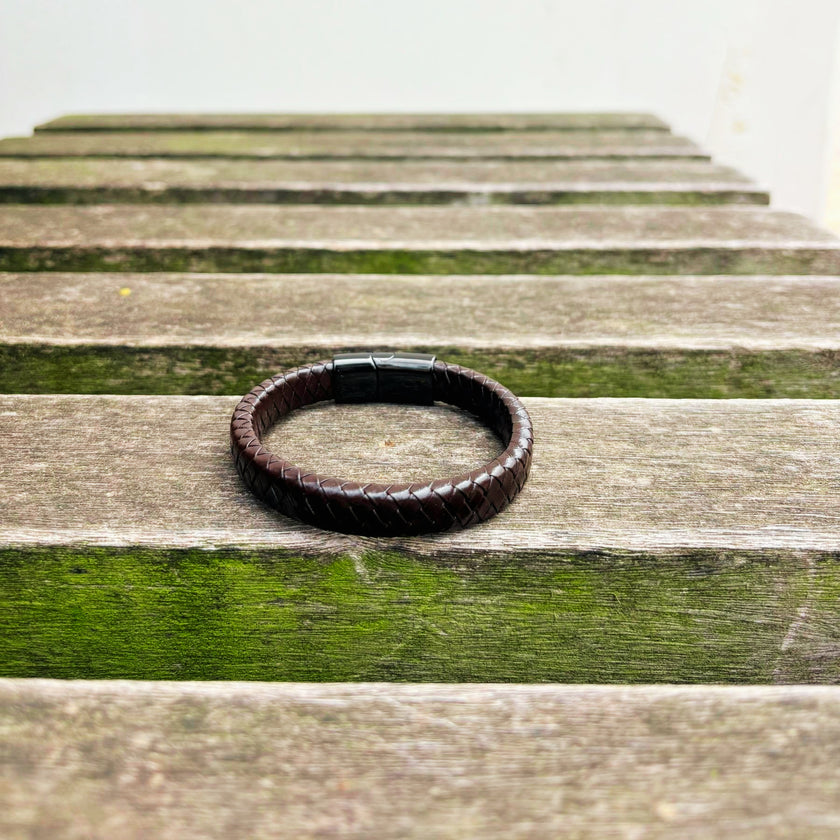 Men’s brown braided leather bracelet with gunmetal clasp back view