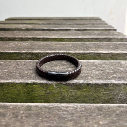 Men’s brown braided leather bracelet with gunmetal clasp front view