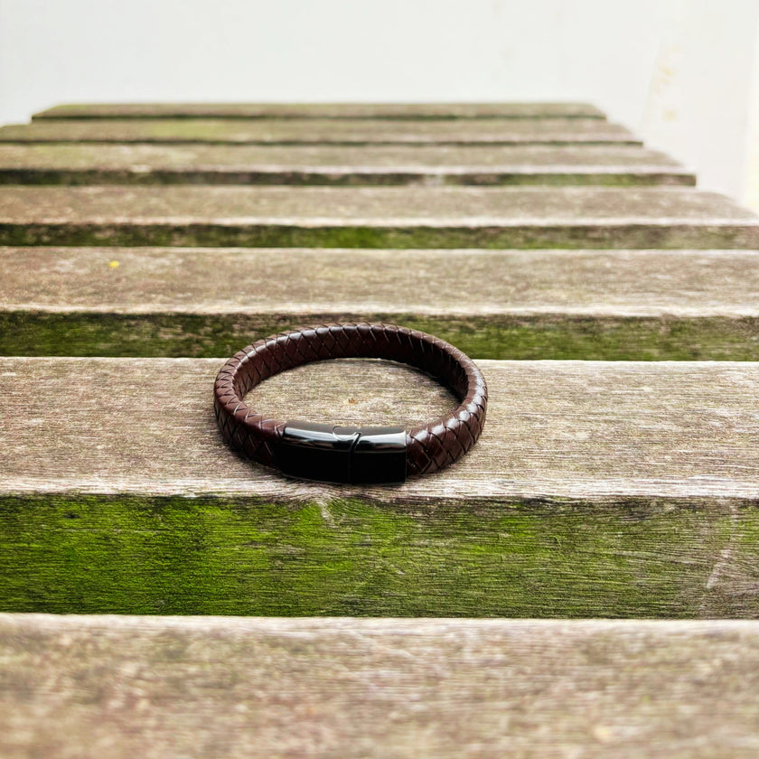Men’s brown braided leather bracelet with gunmetal clasp front view