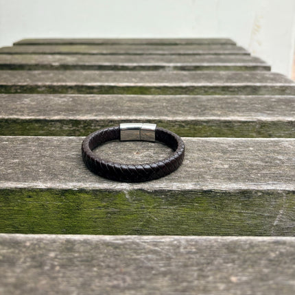 Men’s brown braided leather bracelet with polished stainless steel clasp back view