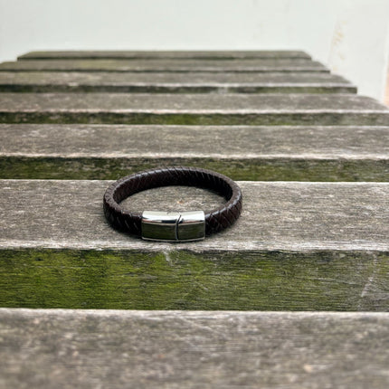 Men’s brown braided leather bracelet with polished stainless steel clasp front view