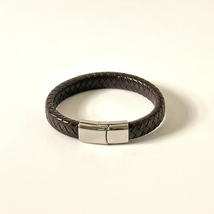 Men’s brown braided leather bracelet with polished stainless steel clasp front view