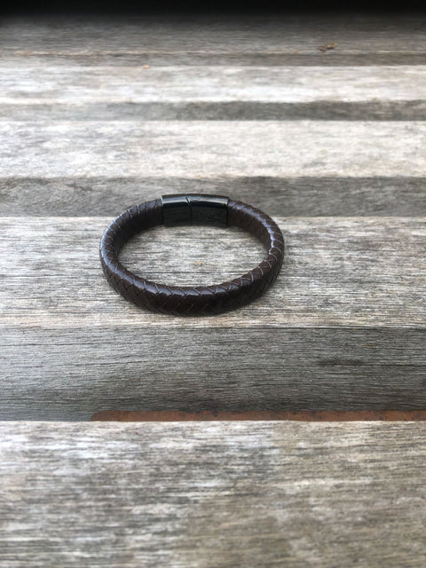 Men's brown leather bracelet back view