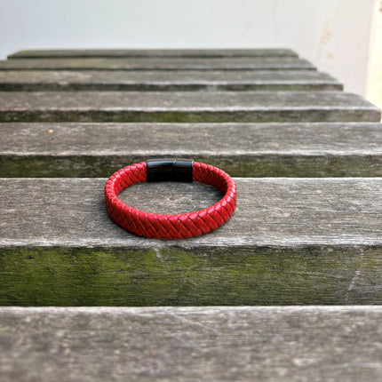 Men’s red braided leather bracelet with gunmetal clasp back view