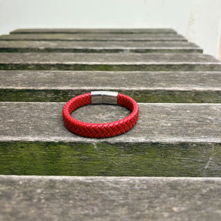 Men’s red braided leather bracelet with polished stainless steel clasp back view