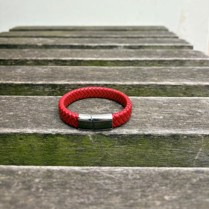 Men’s red braided leather bracelet with polished stainless steel clasp front view