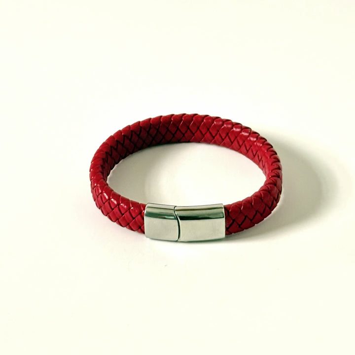 Men’s red braided leather bracelet with polished stainless steel clasp front view